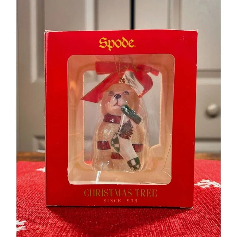 Spode Christmas Tree Puppy with Stocking Ornament 2.5